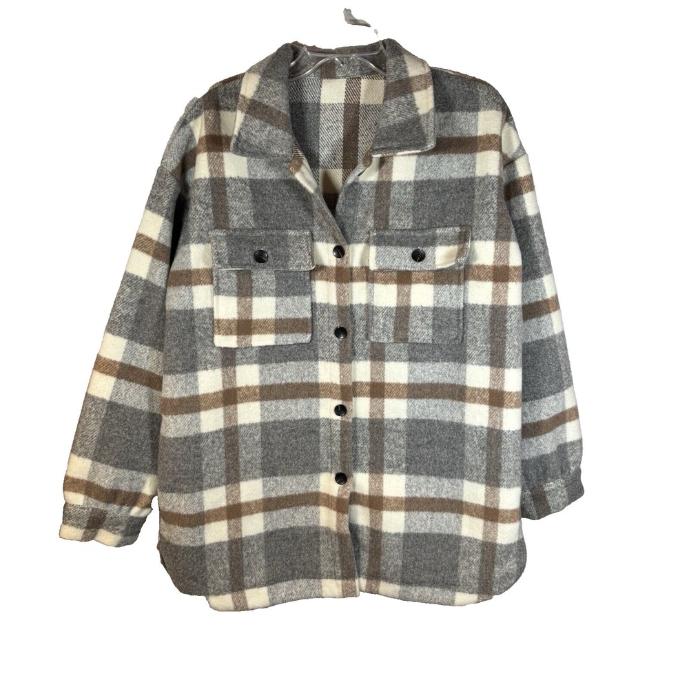 Women's Plaid Shacket Jacket Size Large. Cream, Grey, Brown